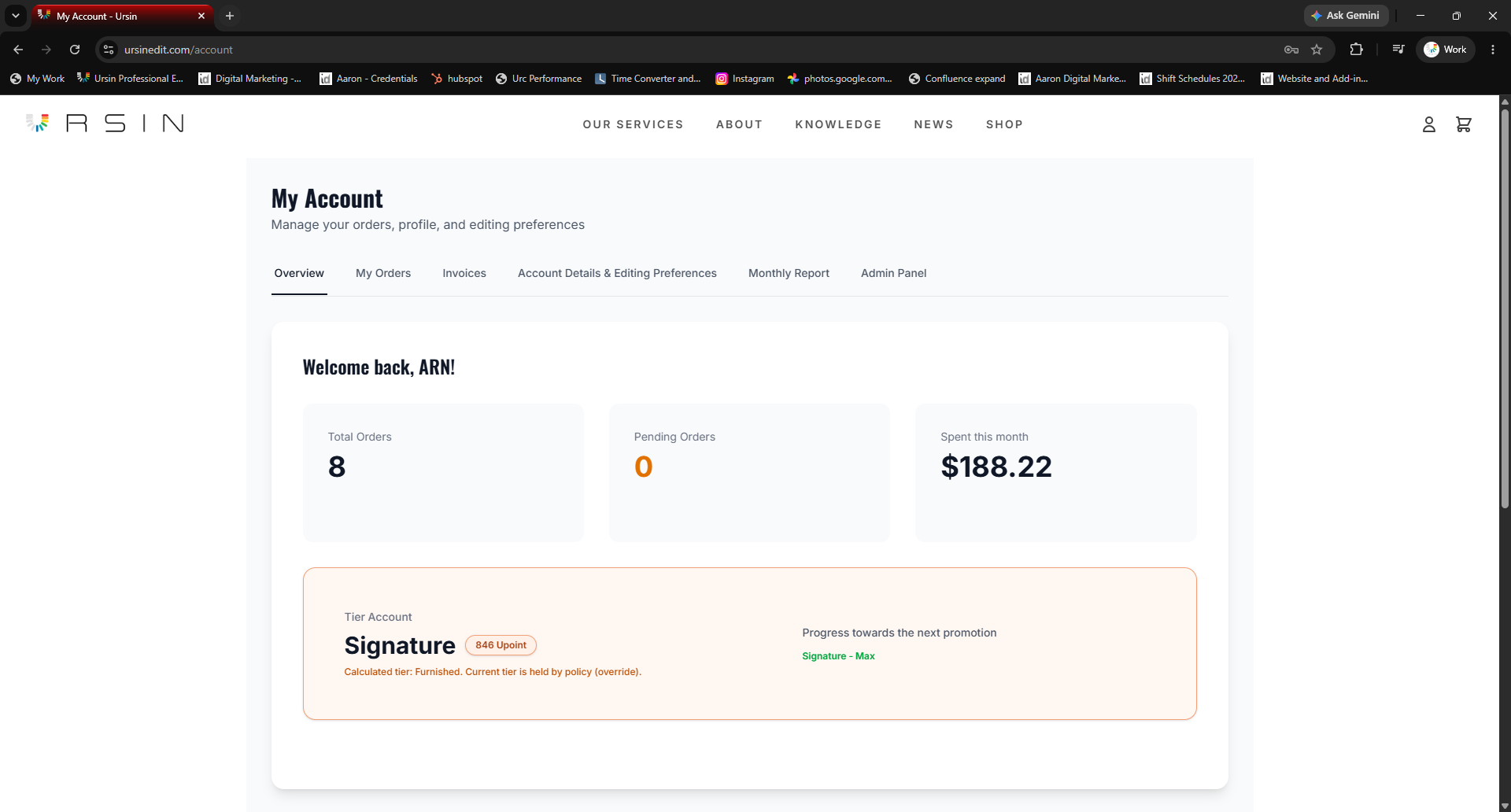 My Account dashboard and quick navigation
